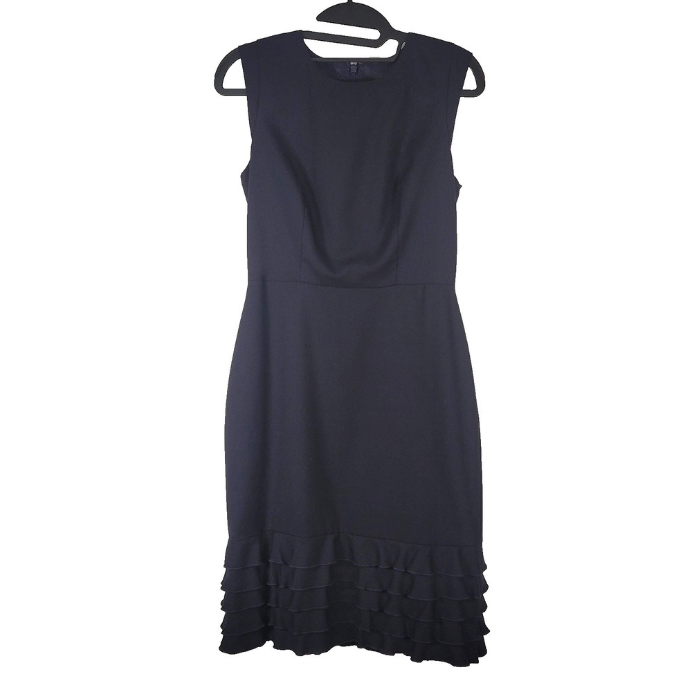 J Crew Dress Womens 0‎ Navy Blue Wool Blend Sleeveless Ruffle Hem Sheath Formal